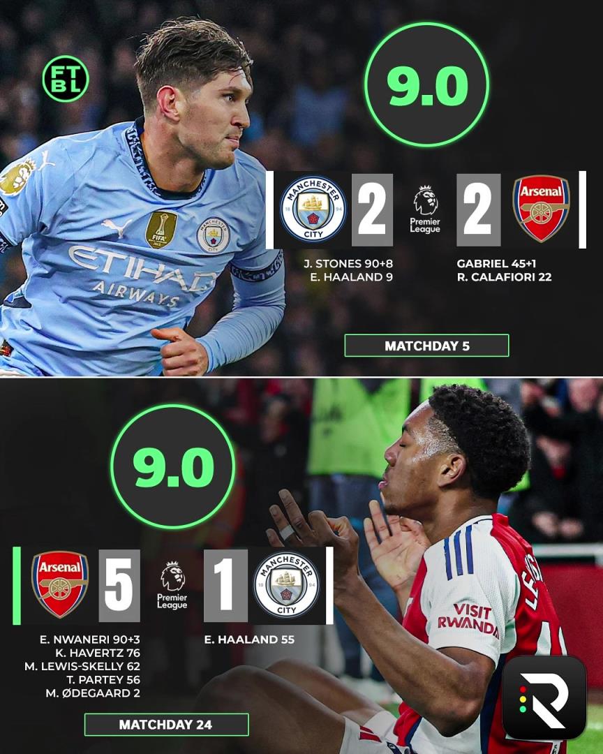 意外嗎？外網(wǎng)球迷票選英超賽季最佳比賽，兩回合阿森納vs曼城居首